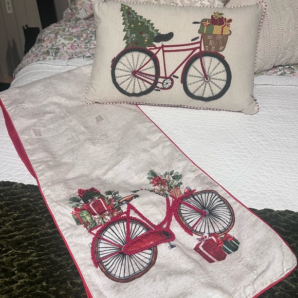 Christmas pillow 13 by 22 inch and table runner 14 by 70 inch. Bicycle themed - Picture 3 of 3